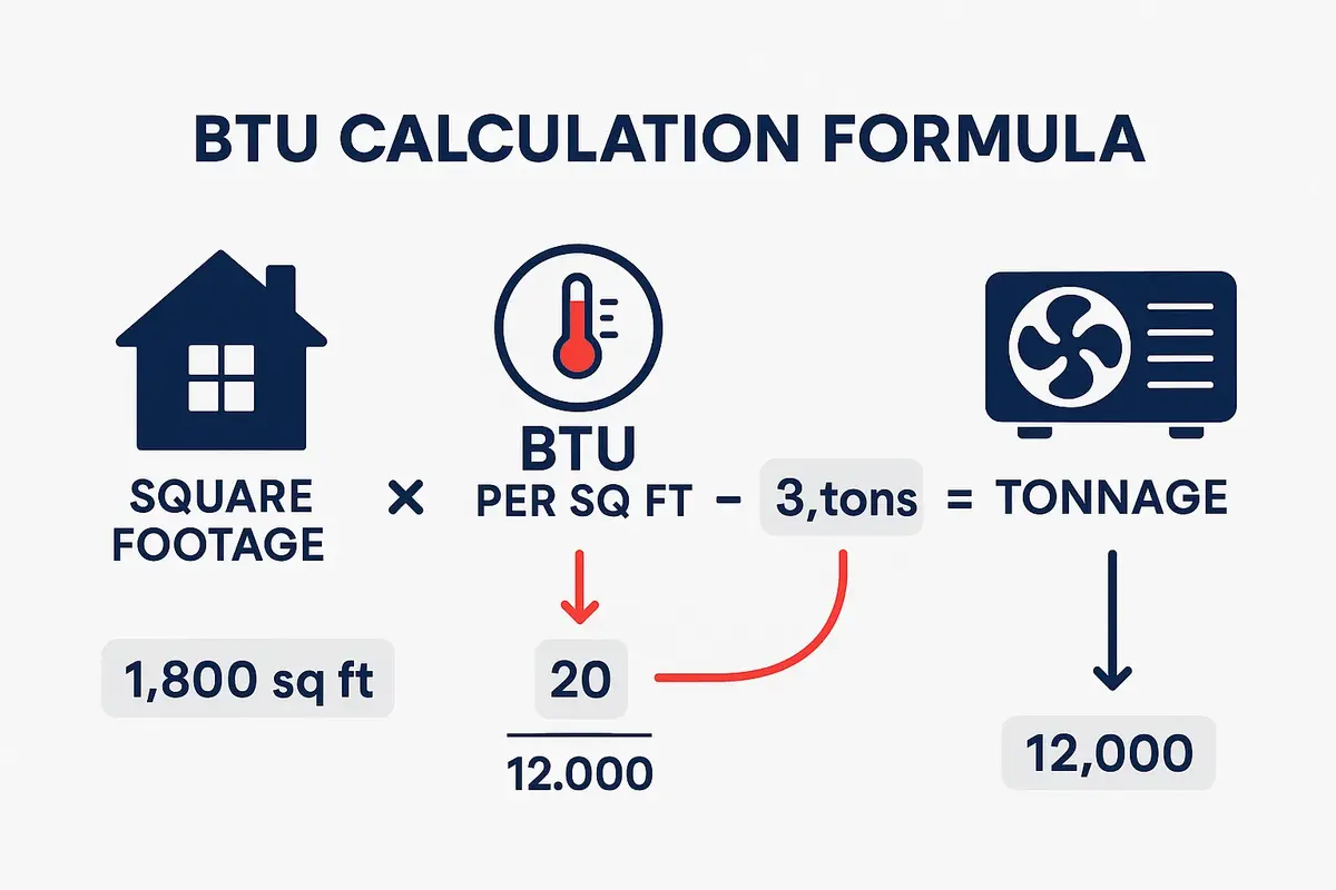BTU per square foot calculation formula showing tonnage conversion for AC sizing