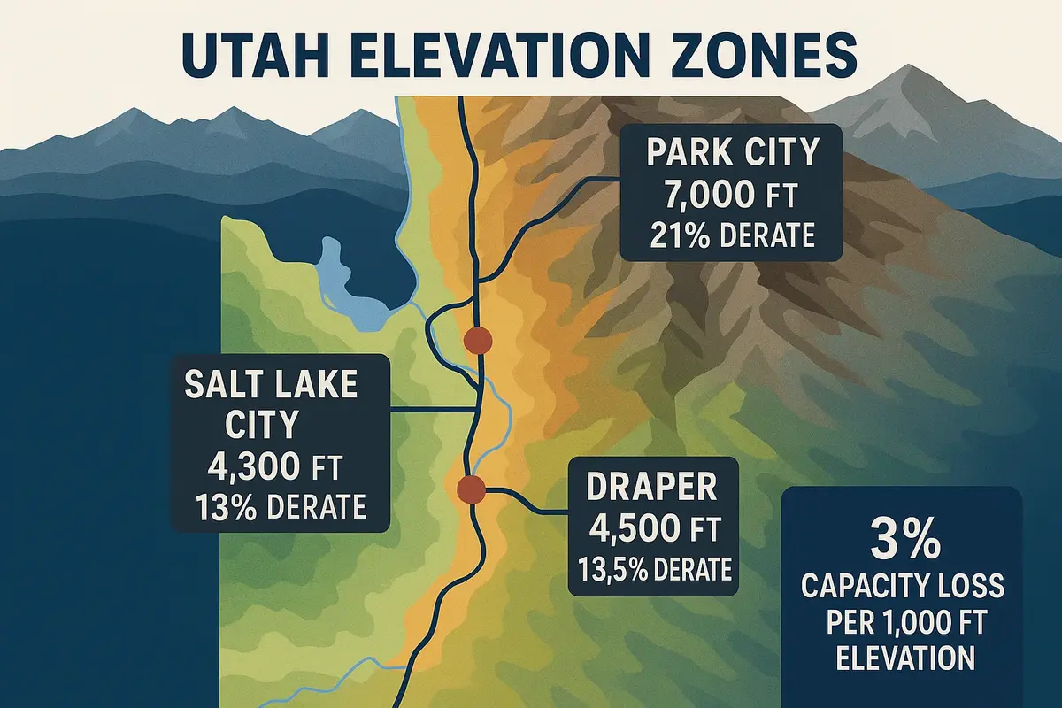 Utah elevation map showing AC capacity reduction percentages at different altitudes across Wasatch Front