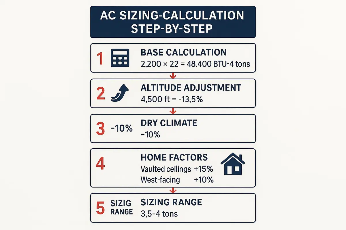 Step-by-step AC tonnage calculation flowchart for 2,200 square foot Utah home at 4,500 feet elevation