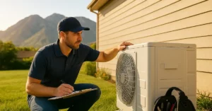 HVAC technician inspecting outdoor AC condenser unit at Utah residential home