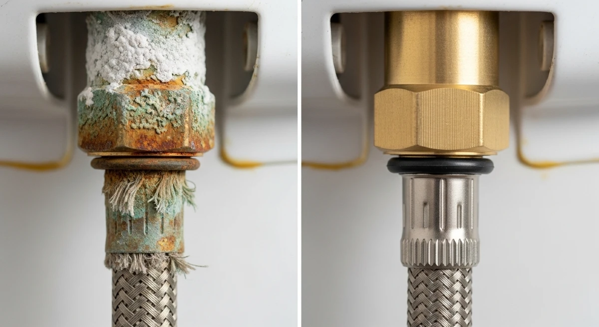Comparison showing corroded water heater supply line with mineral deposits next to new stainless steel line