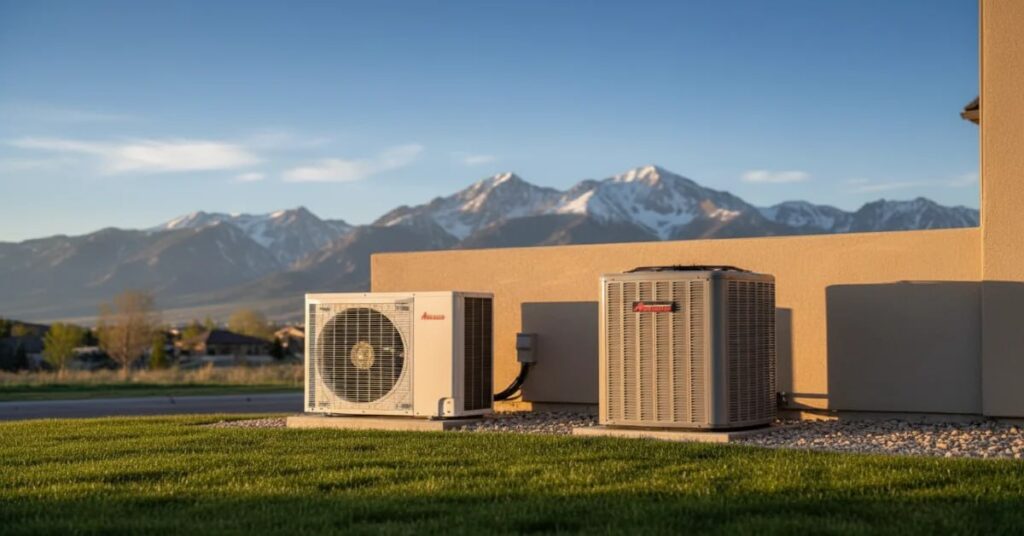 Heat pump vs air conditioner units compared at Utah home with Wasatch mountains background