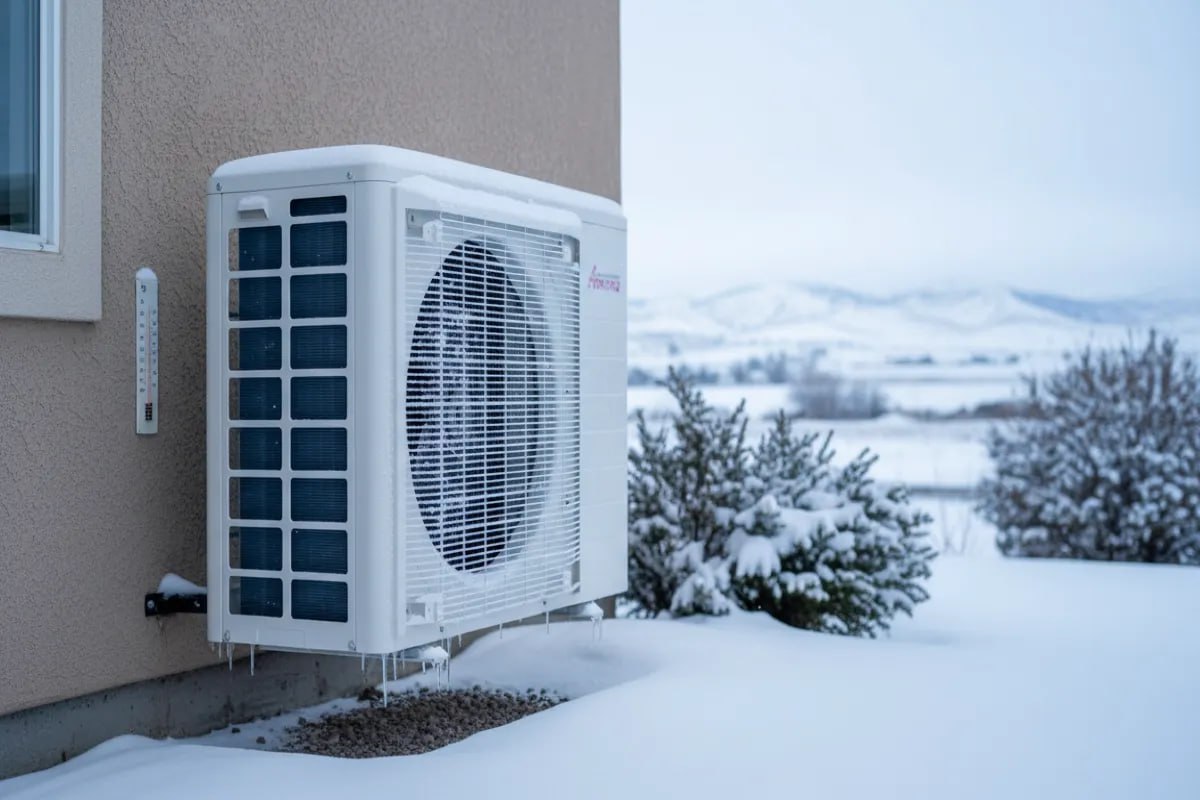 Heat pump condenser unit with frost operating efficiently in Utah winter snow