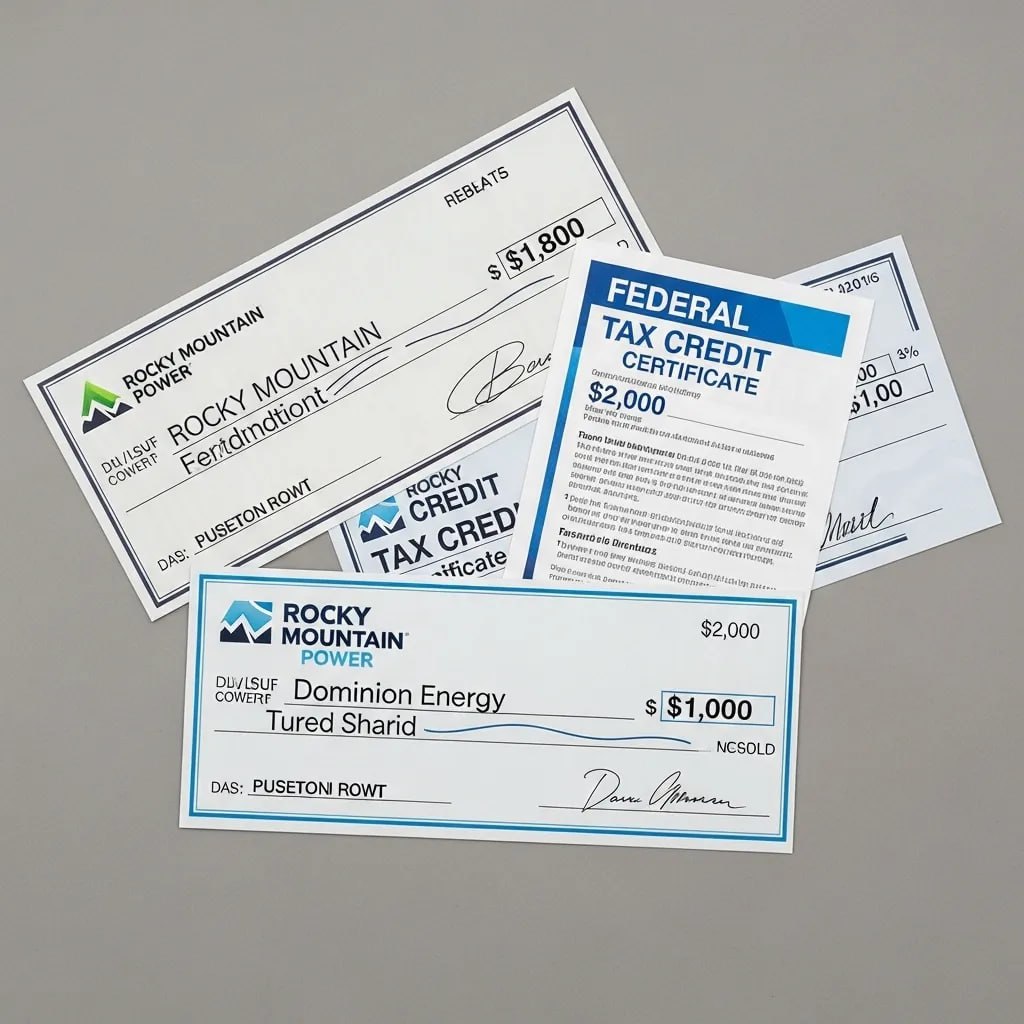 Rocky Mountain Power, Dominion Energy, and federal rebate checks totaling $4,800 for heat pump