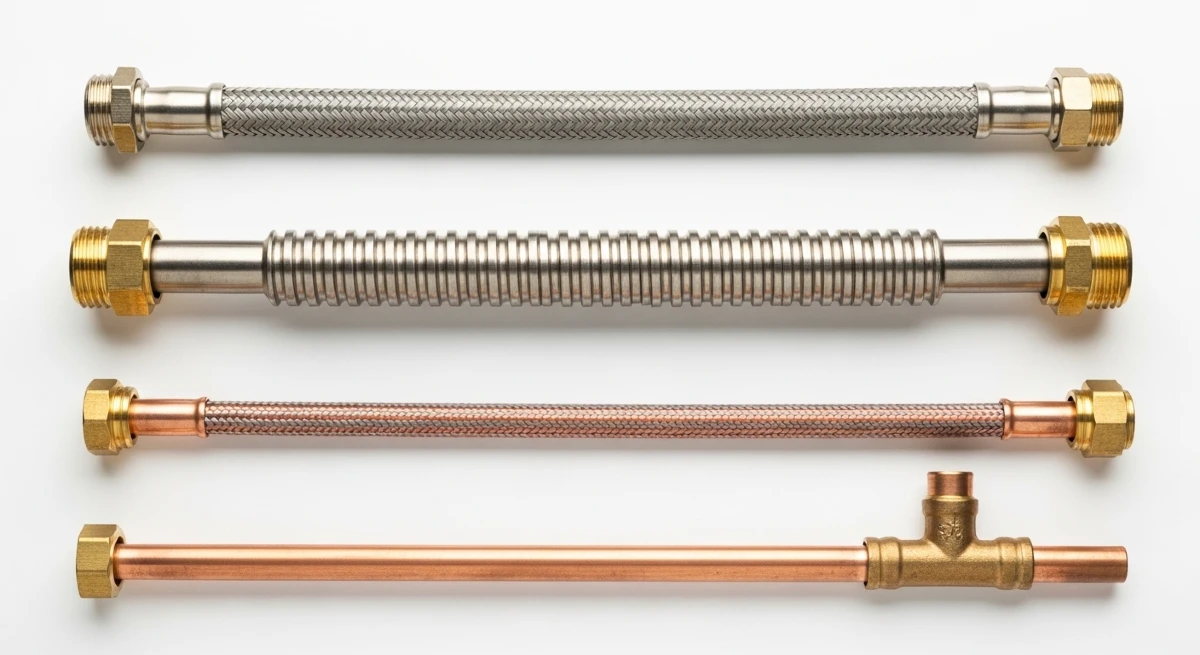 Four types of water heater supply lines showing braided stainless, corrugated stainless, copper flex, and rigid copper