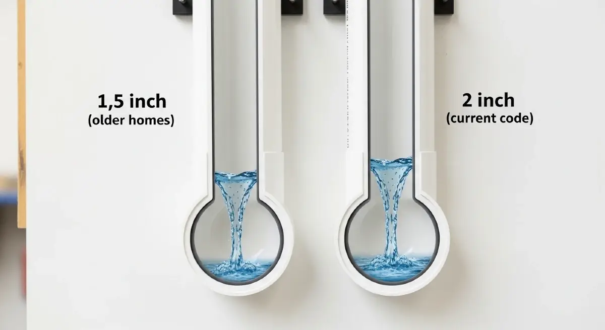 Side-by-side comparison of 1.5-inch and 2-inch washing machine drain pipes showing capacity difference