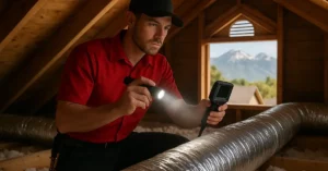 HVAC technician inspecting ductwork in Utah home attic with flashlight and camera