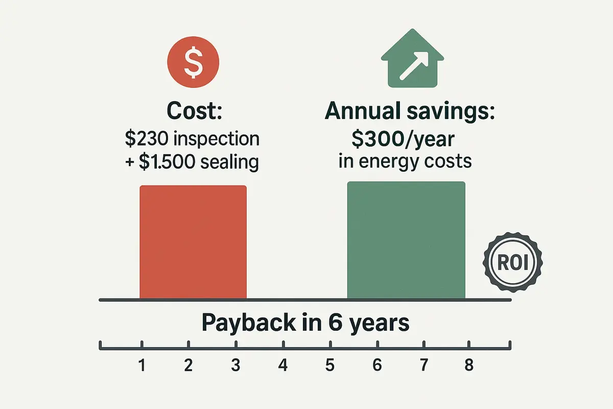 Cost savings comparison showing ductwork inspection ROI and annual energy savings
