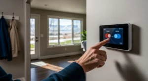 Utah homeowner switching thermostat from heat to AC mode during spring