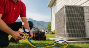 HVAC technician attaching pressure gauges to outdoor AC unit to check refrigerant levels in Utah