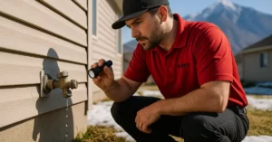 Licensed plumber inspecting outdoor faucet for freeze damage in Utah spring