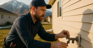 Homeowner checking outdoor faucet for freeze damage in early spring with Utah mountains in background