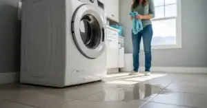 Water backup pooling around washing machine on Utah home laundry room floor