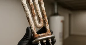 Severely scaled water heater heating element showing calcium buildup damage from hard water