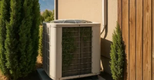 Residential AC condenser with poor clearance boxed in by shrubs and fence in Utah