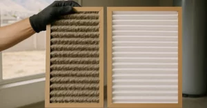 Heavily clogged gray AC filter next to clean white filter in Utah home