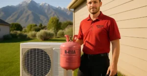 HVAC technician holding R-410A refrigerant cylinder next to residential AC unit in Utah with Wasatch mountains