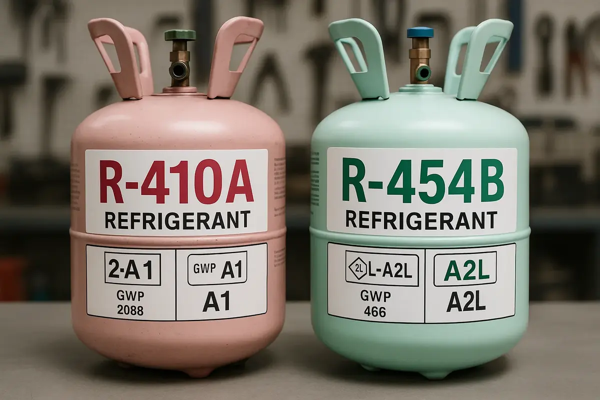 R-454B and R-410A refrigerant cylinders showing A2L and A1 safety classifications