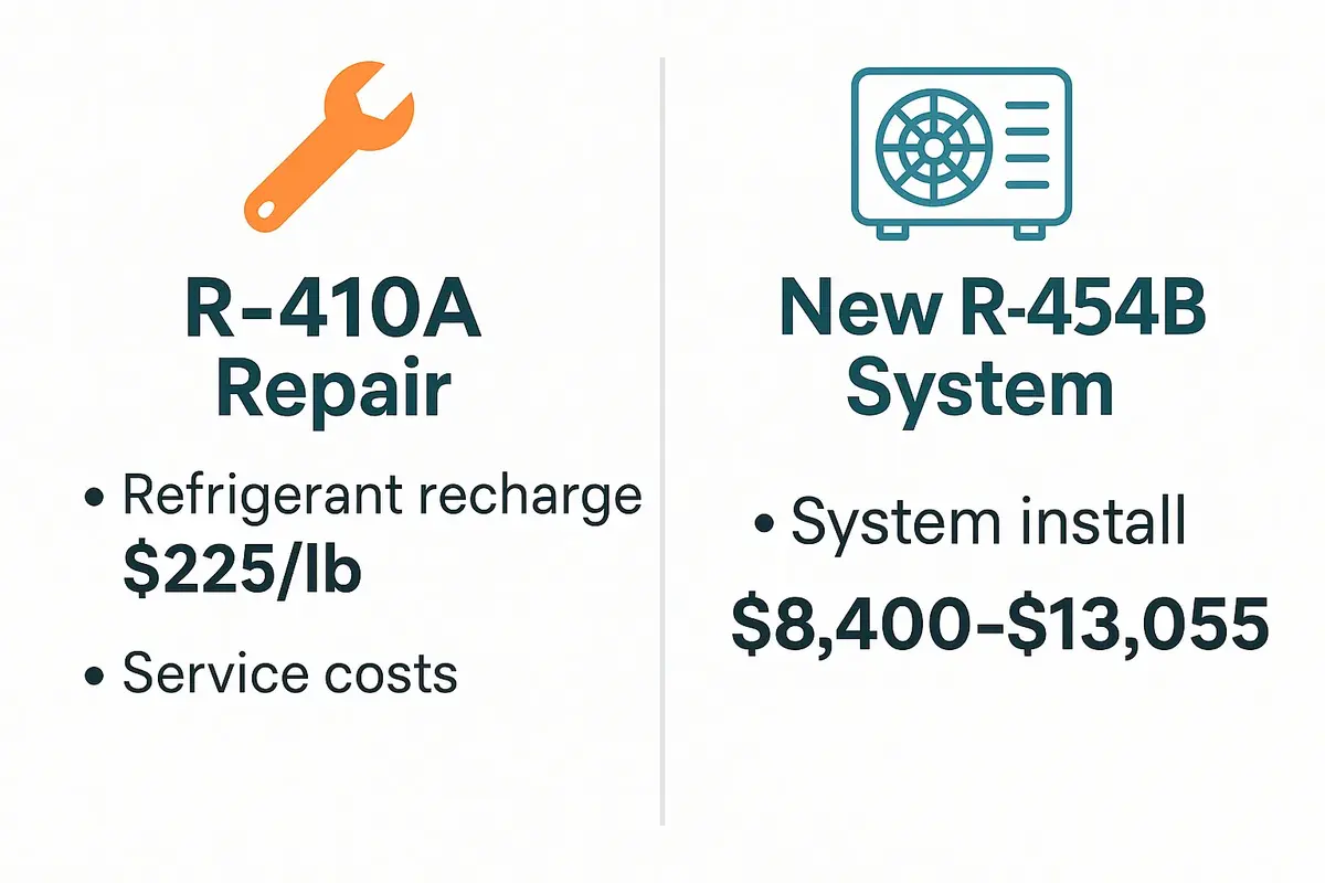 Cost comparison showing R-410A refrigerant repair pricing versus new R-454B AC system installation costs