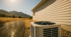 Residential AC condenser unit running during 95-degree heat in Utah with Wasatch mountains behind