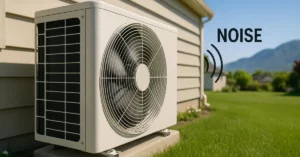 Outdoor residential AC condenser unit in Utah home side yard during operation