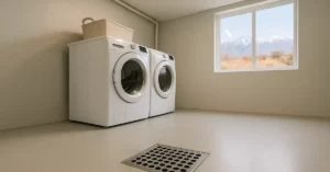 Basement floor drain near washing machine in modern Utah laundry area