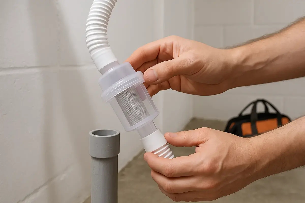 Homeowner installing mesh lint trap on washing machine drain hose to prevent basement clogs