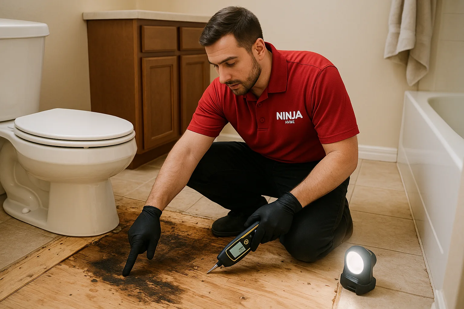 Water-damaged bathroom subfloor showing rot and mold from prolonged toilet base leak