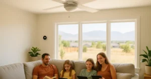 Modern ceiling fan spinning counterclockwise in bright Utah living room with mountain view