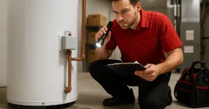 Licensed plumber inspecting residential water heater leak in Utah basement