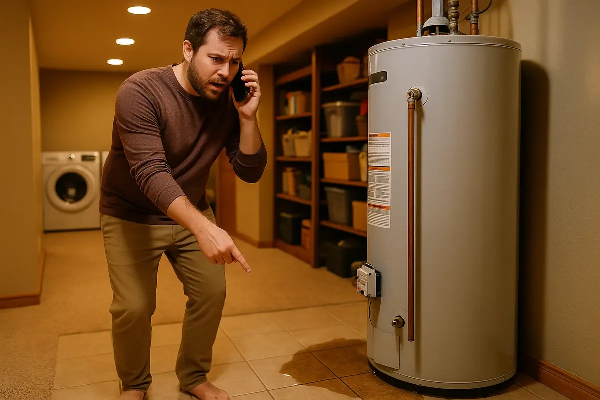 Utah homeowner calling emergency plumber for water heater leak in basement