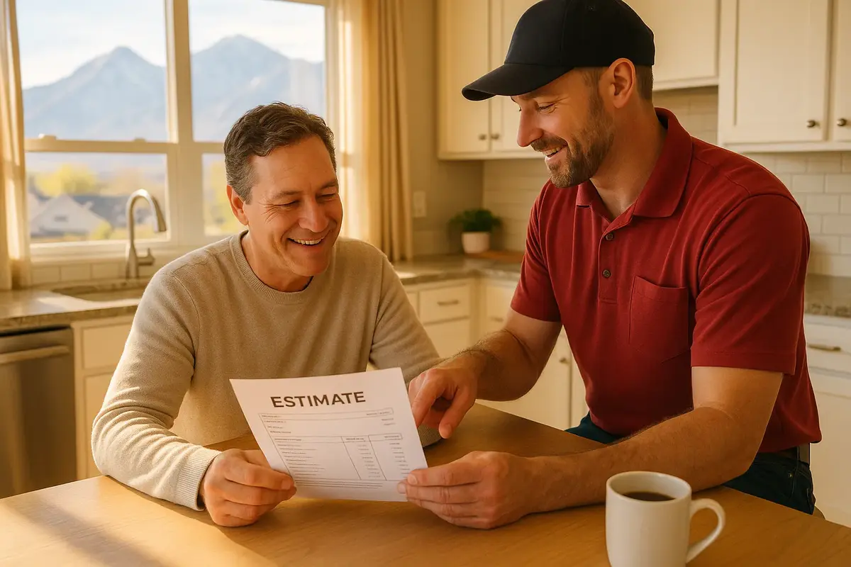 Emergency plumber providing detailed written estimate to Utah homeowner before starting repair