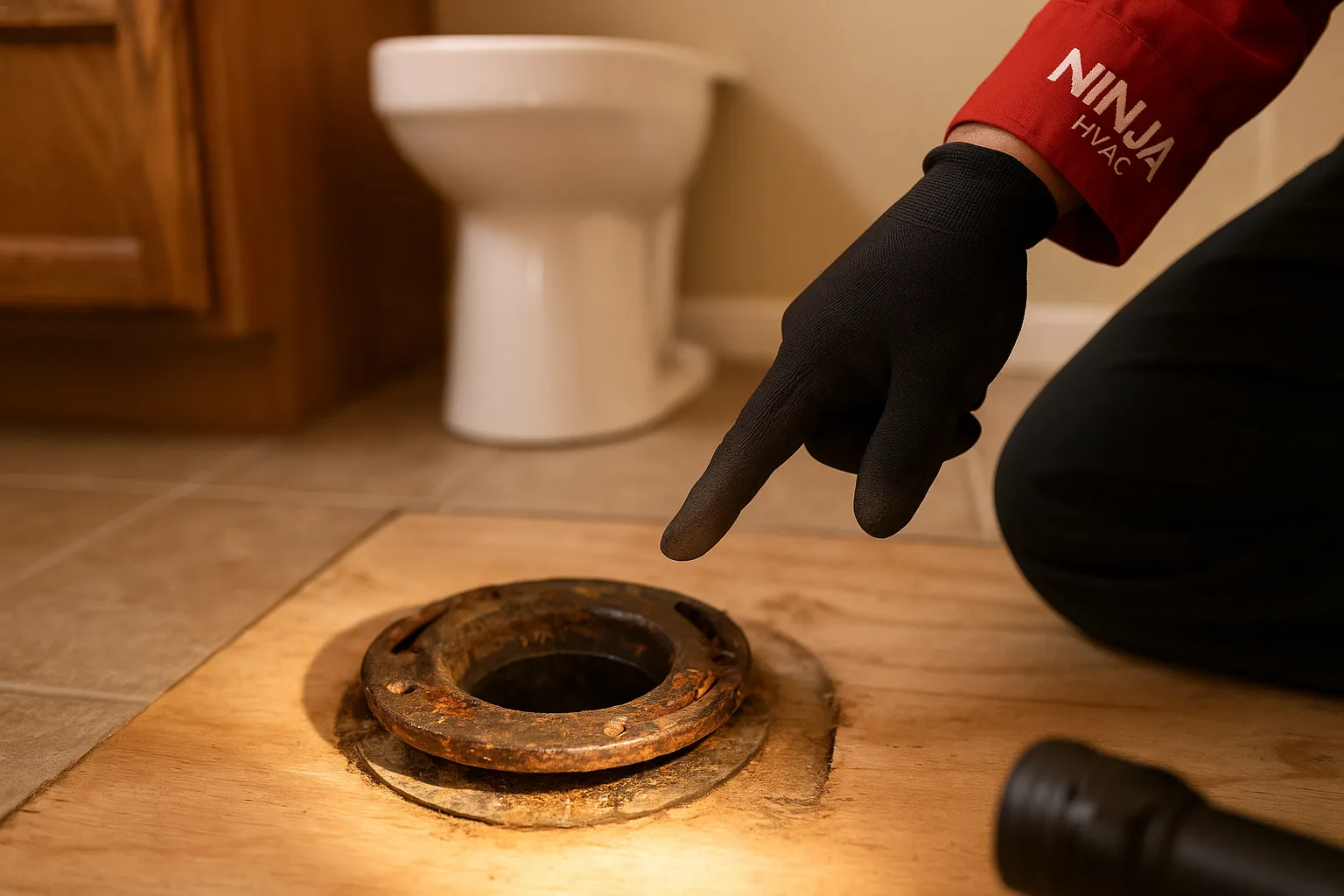 Corroded cast iron toilet flange showing rust and mineral buildup from hard water