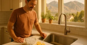 Licensed plumber in red shirt inspecting garbage disposal unit under kitchen sink in Utah home
