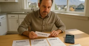 Utah homeowner reviewing multiple HVAC contractor estimates with calculator and notes on kitchen table