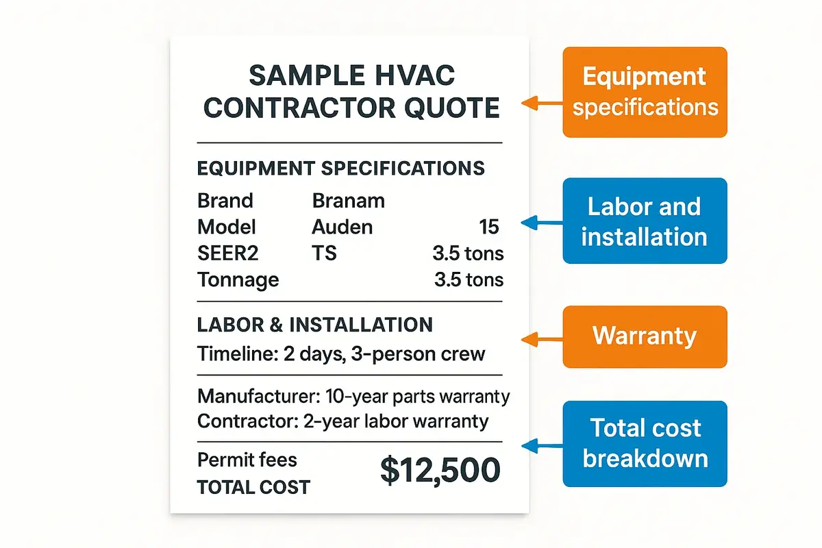 Sample HVAC contractor quote showing equipment specs, SEER2 rating, tonnage, warranty coverage, and cost breakdown