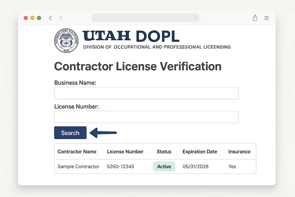 Utah DOPL website contractor license verification search interface showing active HVAC license status