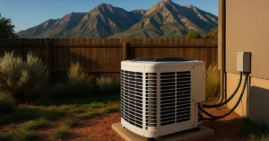 Residential AC condenser unit with Wasatch mountain range visible showing high altitude cooling challenges in Utah