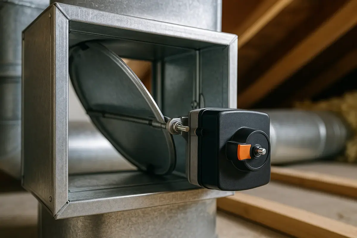 Motorized damper installed in HVAC ductwork with electric actuator for zone control