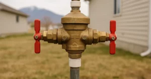Brass backflow preventer with bleeder valves on Utah home irrigation system in early spring