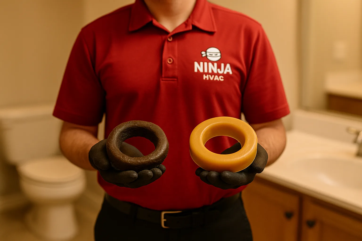 Comparison of old deteriorated toilet wax ring next to new replacement wax ring