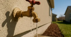 Outdoor faucet leaking water from handle when turned on in Utah home side yard