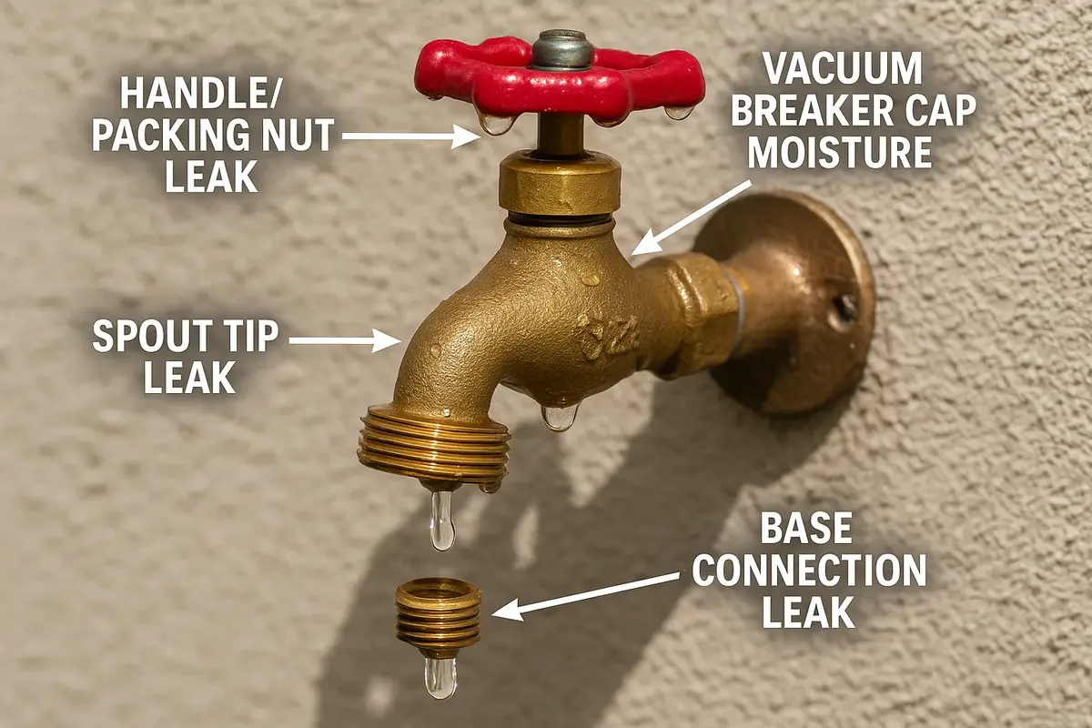 Outdoor faucet showing common leak locations at handle, spout, vacuum breaker, and base
