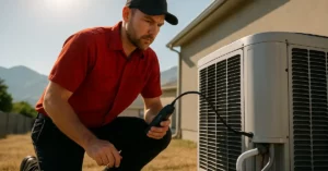 HVAC technician inspecting outdoor AC unit showing refrigerant leak symptoms with Utah mountains in background