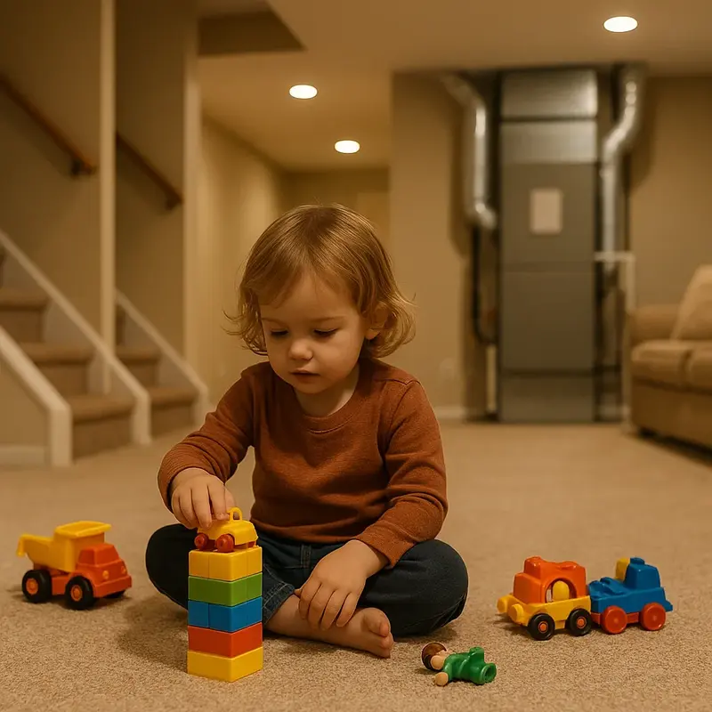 Basement air handler near child play area showing indoor refrigerant leak safety risk