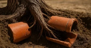 Cottonwood tree roots breaking through clay sewer pipe in dry Utah summer soil