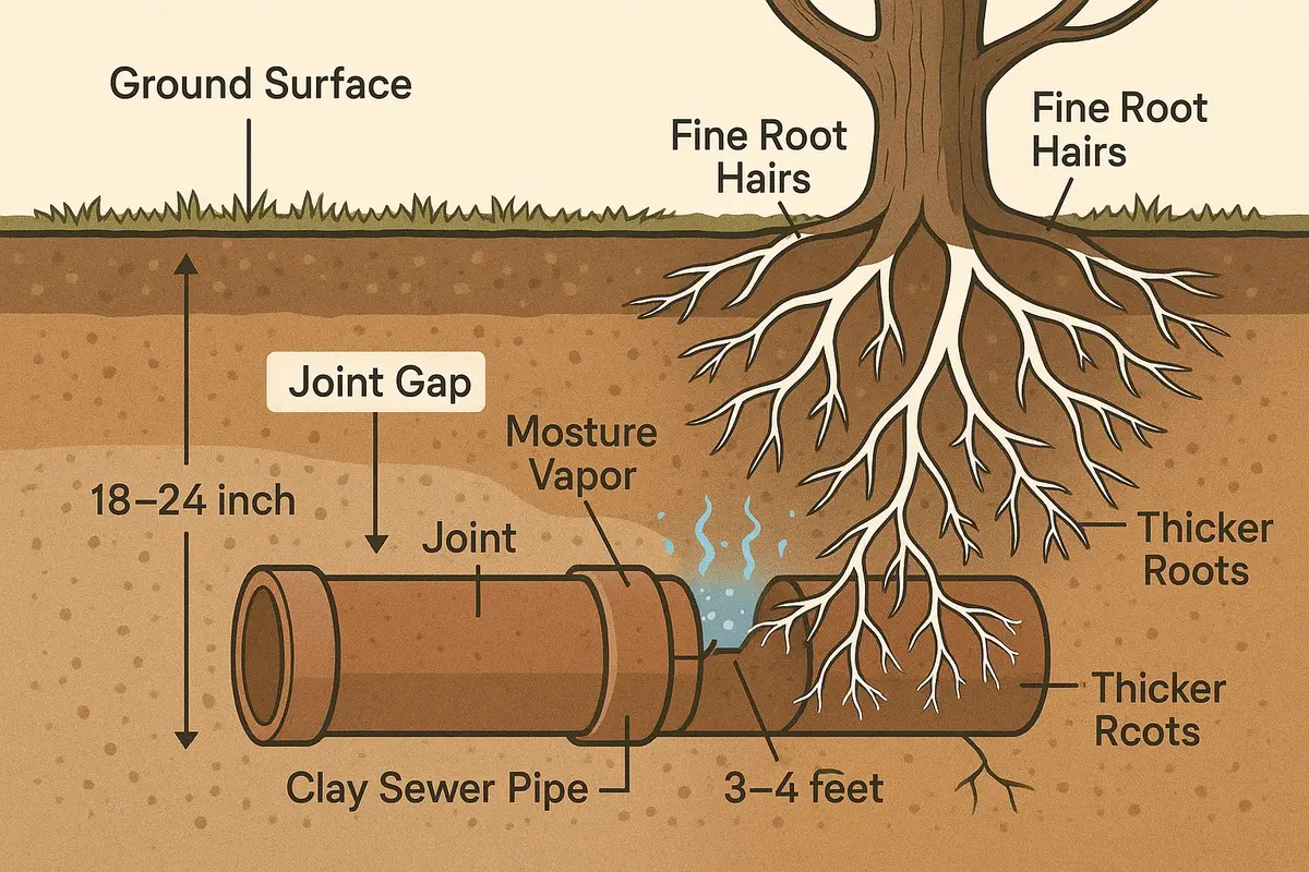 Tree roots entering sewer pipe through separated clay pipe joint connection
