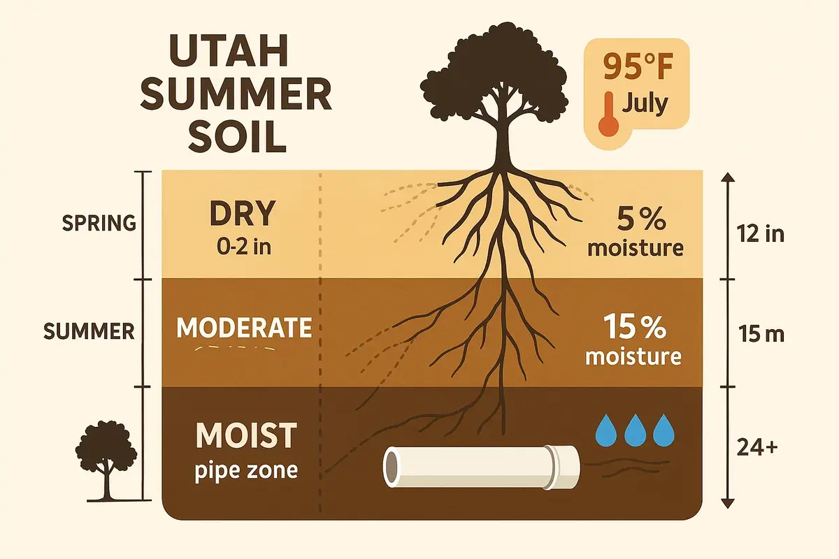 Soil depth diagram showing dry surface layers and moist sewer pipe zone in Utah summer