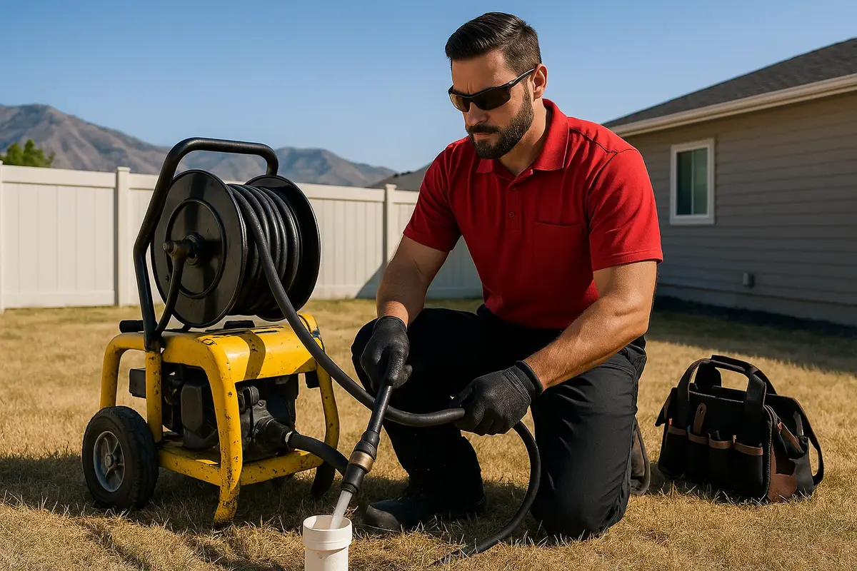 Plumber operating hydro jetting equipment to clear tree roots from sewer line