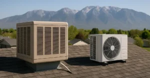 Swamp cooler and central AC condenser unit side by side on Utah home rooftop with Wasatch mountains
